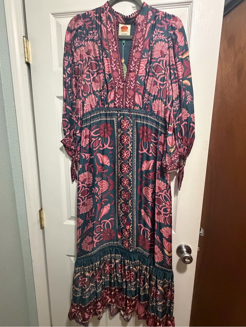 FARM Rio Teal and Pink Floral Long Sleeve Maxi Dress